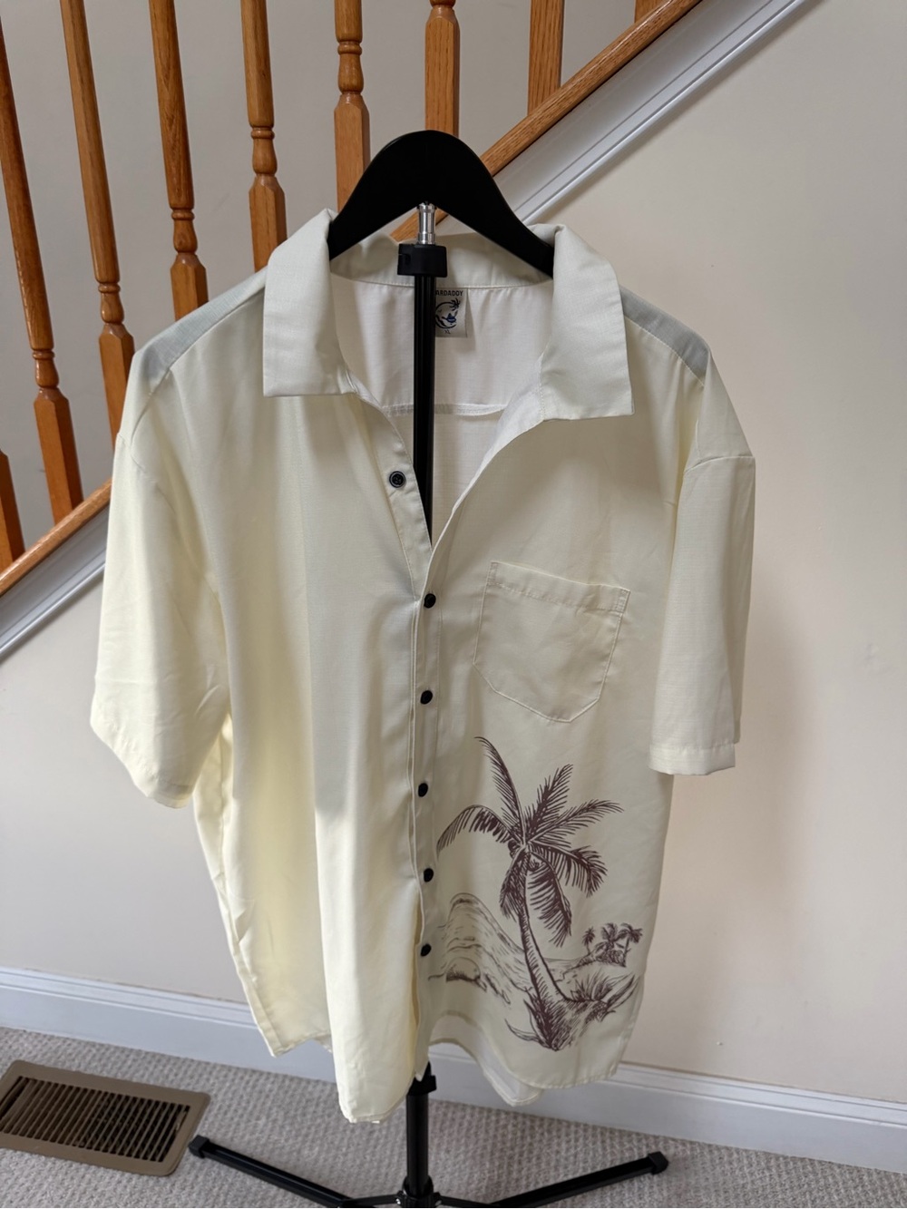 Men's Cream Short-Sleeve Button-Down Shirt with Palm Print